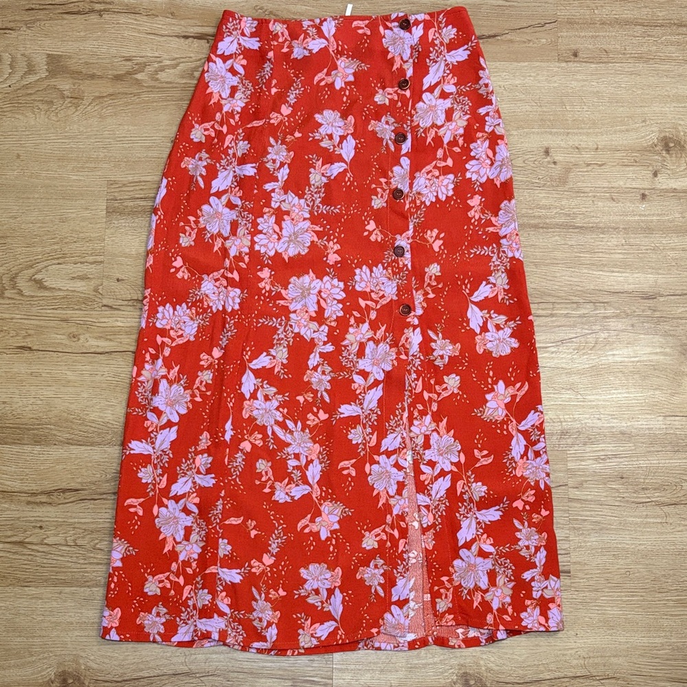 Free People Floral Split Midi Skirt Red – Size 0 - Picture 8 of 11